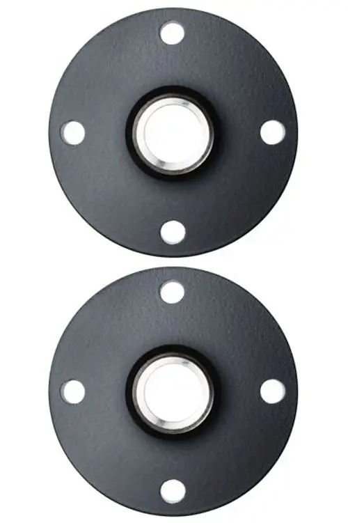 Zwei schwarze Flanschreduzierungen von Stiebel Eltron (FG 80/2 Set, 231885) mit je vier Löchern und einer zentralen Öffnung.